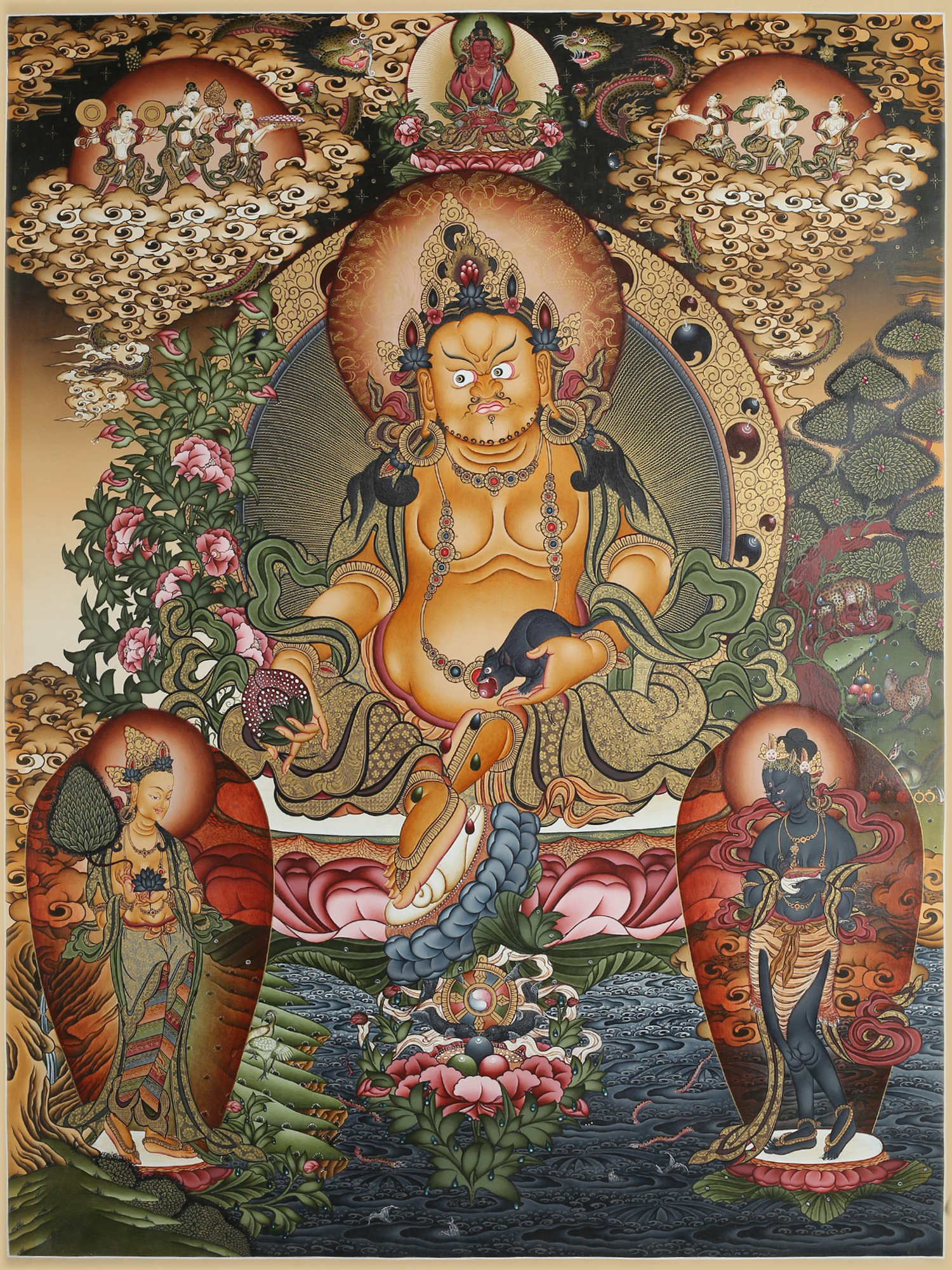 Gandhanra Thangka Tibetano - Dzambhala Jambhala giallo Thangka - Arazzo di Buddha a Stampa Dorata per Decorazione Zen, Meditazione, Rilassamento Spirituale e Pace