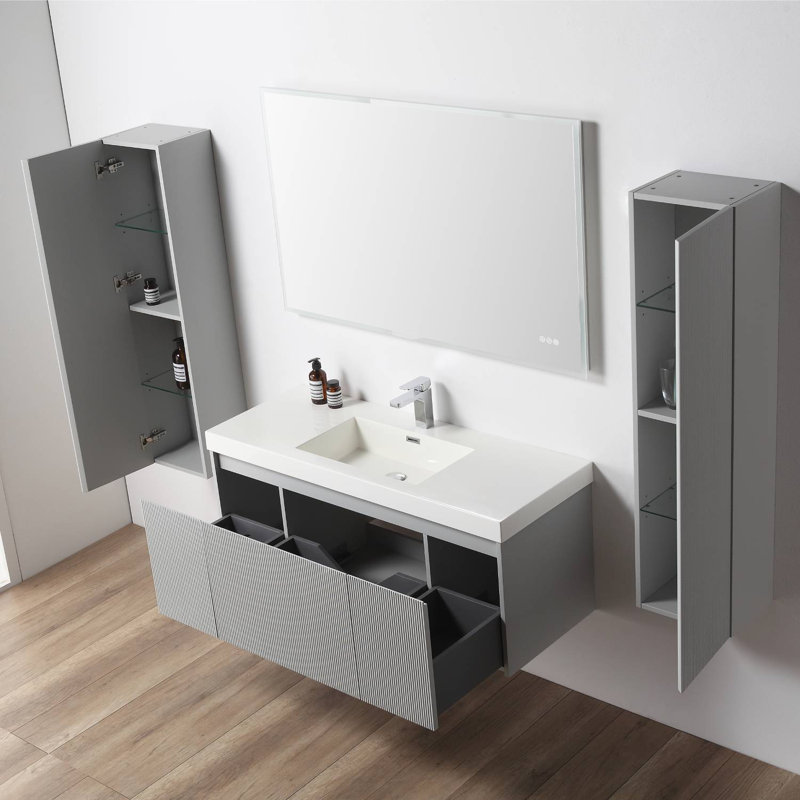 Meuble-lavabo mural de 48 po avec lavabo simple en acrylique et 2 armoires latérales Bejhorn, Gris clair