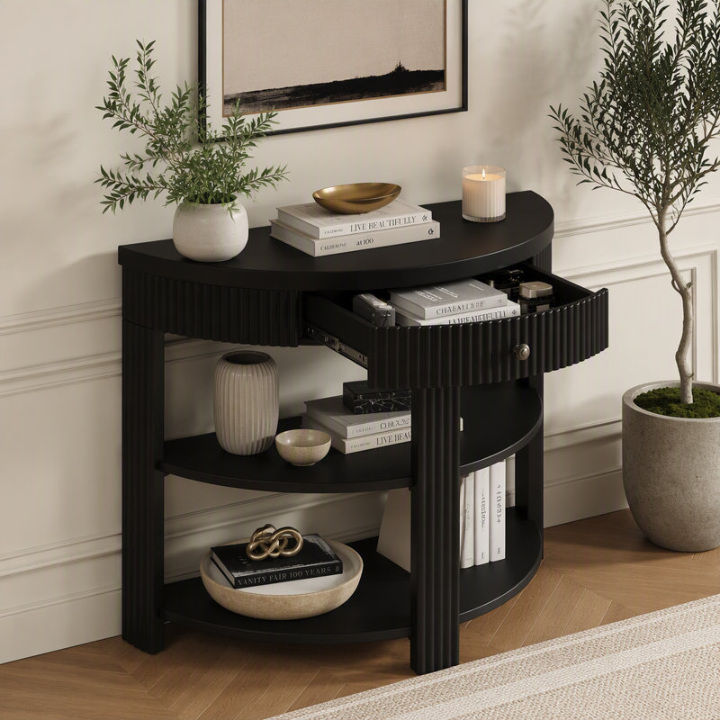 Console cannelée demi-lune avec tiroir et 2 tablettes, Noir
