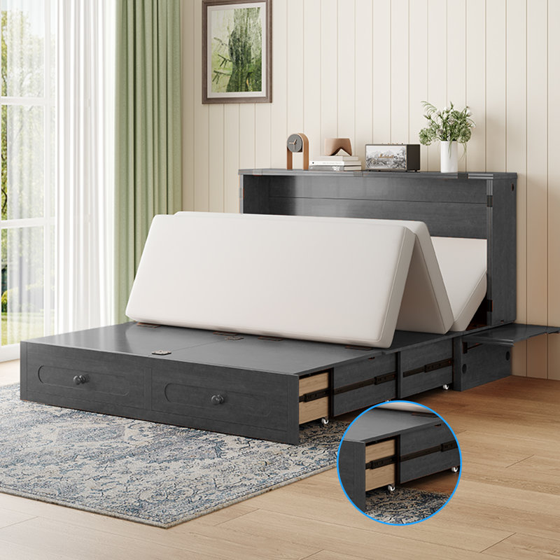 Armoire pour grand lit escamotable avec port USB, 2 tiroirs et matelas à trois volets, Gris