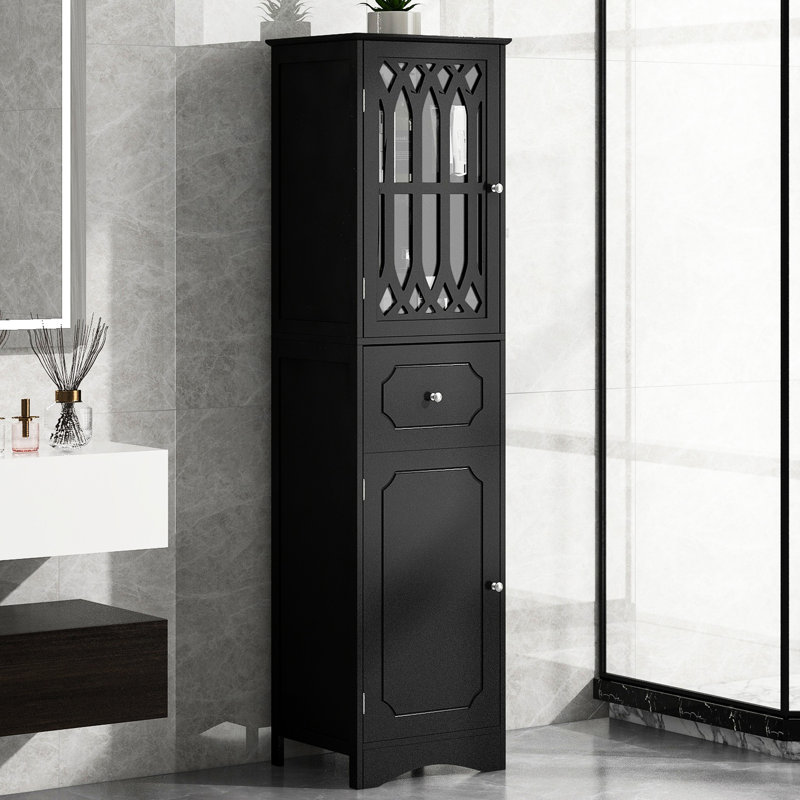 Armoire de rangement pour salle de bain - grande, noire avec poignée en métal