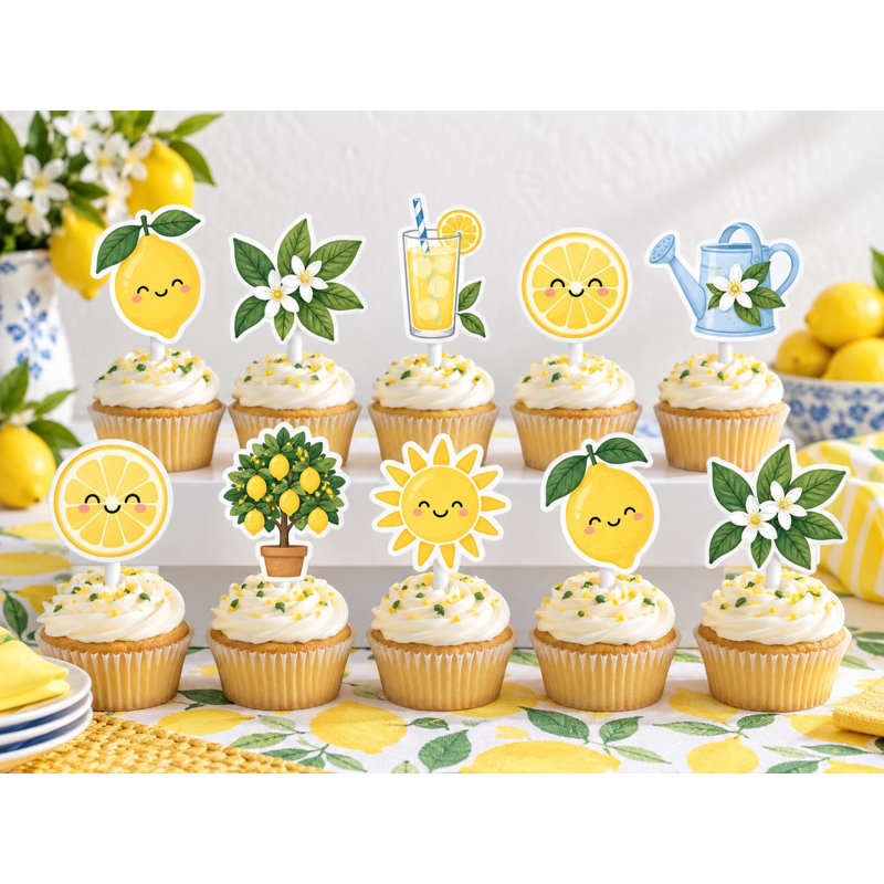 Little Lemon Grove Cupcake Toppers, Yellow Citrus Blossom Baby Shower Picks, Cardstock Party Decor