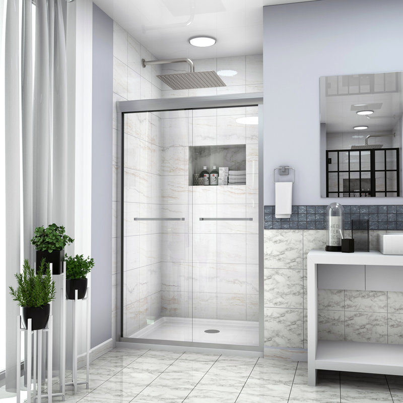 Shower Door 48" W X 76"H Semi-Frameless Bypass Sliding Shower Enclosure, Brushed Nickel