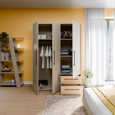 Timeless, scandi style wardrobe with 3 turning doors and 2 drawers, spacious interior, engineered wood, warm beige/warm oak decor, 144.4 cm W x 200.1 cm H x 58.8 cm D