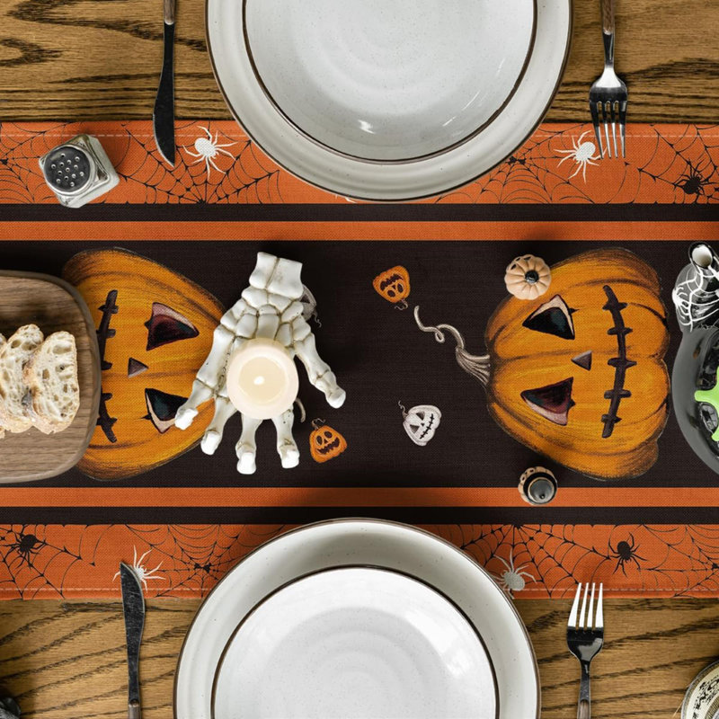 Pumpkins Spider Web Halloween Table Runner, Kitchen Dining Table Decoration For Home Party Decor, 13.00'' W x 72.00'' L