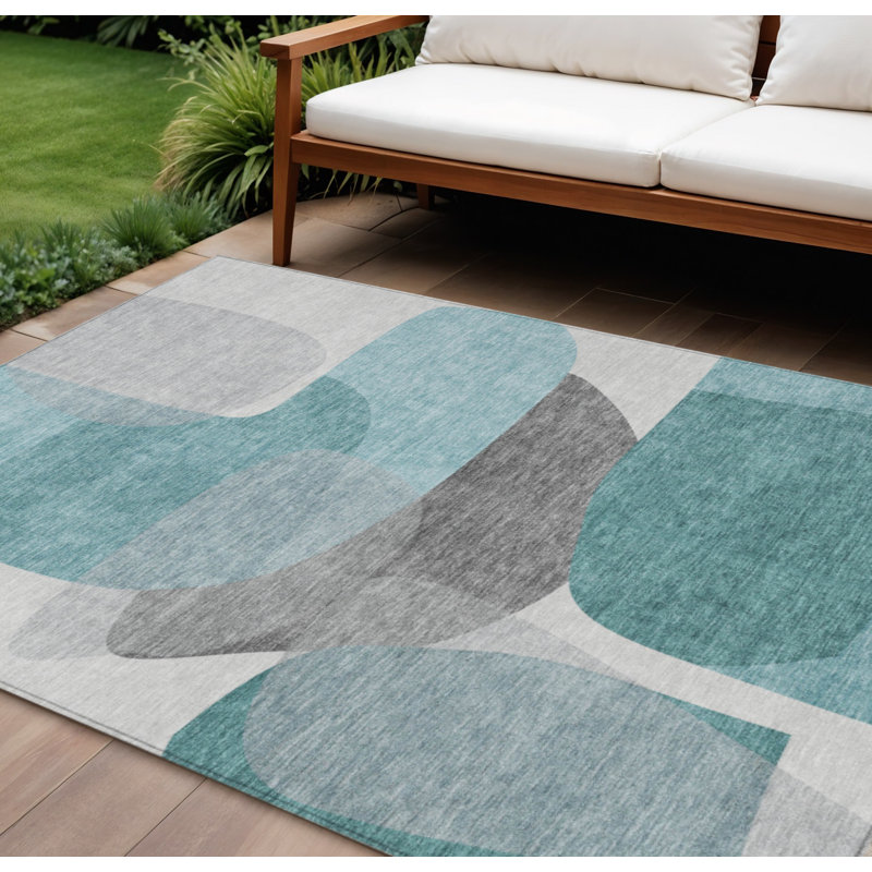 Tapis extérieur bleu sarcelle lavable abstrait 9 pi x 12 pi bleu et gris
