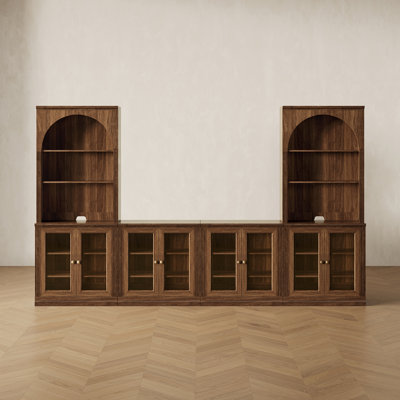 Modern Modular Kitchen Pantry With Four Acrylic Glass Door Base Cabinets And Square Top Tall Storage Hutches, Walnut
