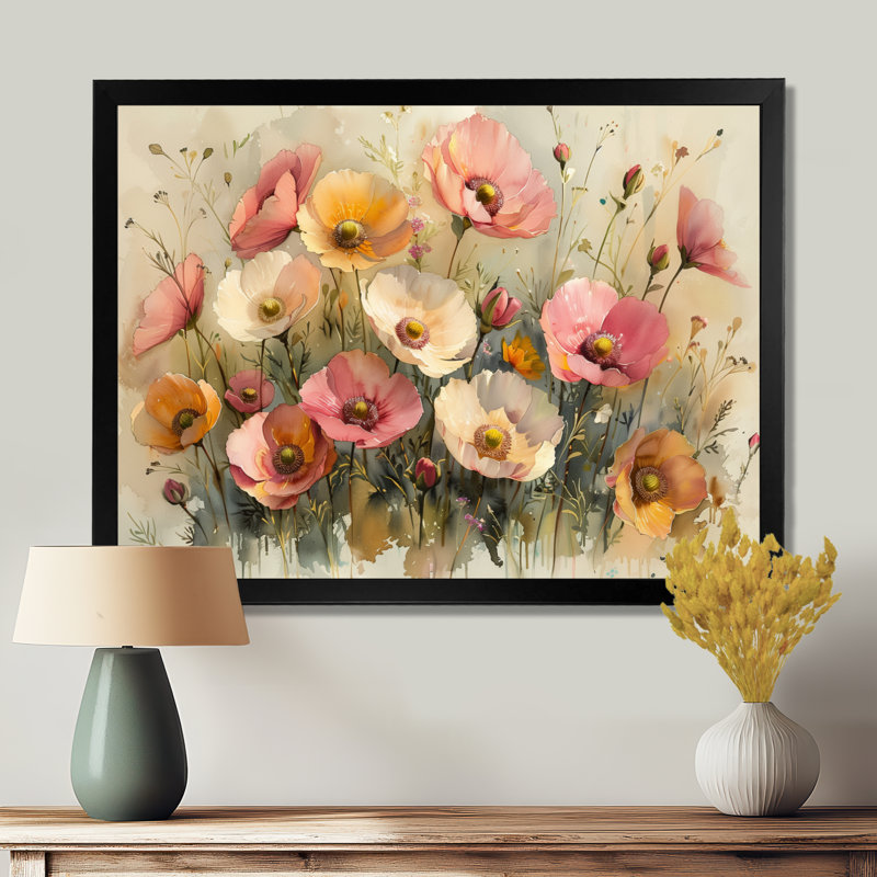 Décoration murale rose bouton d'or rose et blanc - Bouton d'or, Toile encadrée noire simple, H 24 po x l 32 po x P 1 po
