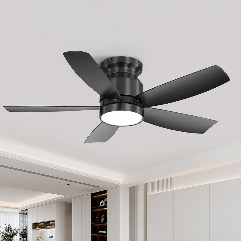 42 Inch Flush Mount Ceiling Fans With LED Light 22W And Remote Control 5 ABS Fan Blades For Bedroom, Black, Black
