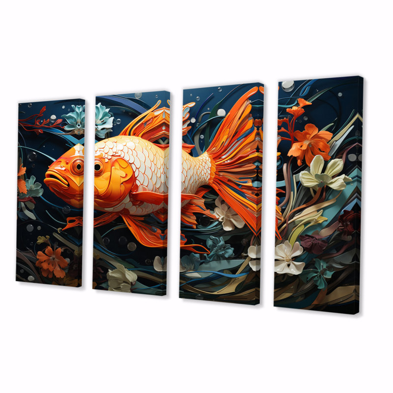 Geometric Orange Fish Canvas Art Set with Wood Frame