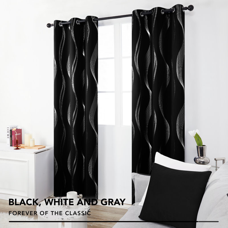 Spurgh Sliver Wave Foil Print Blackout Thermal Grommet Curtain Panels (Set of 2), 42" W x 95" L, Black