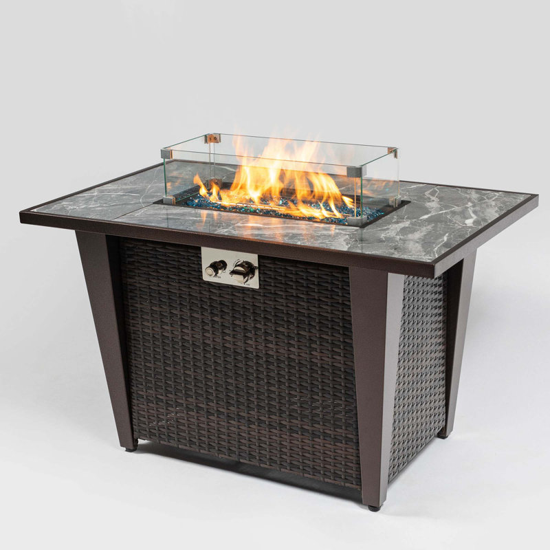 42Inch Rattan Fire Pit Table With Ceramic Tile Tabletop,Glass Wind Guard And Rain Cover,Lid