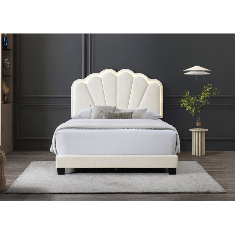 Fabric LED Light HB Platform Bed W/ LED Light & Chunky Leg (Fully Slated), Beige, Twin