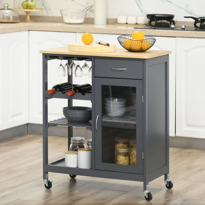 Rolling Kitchen Island With Storage, Kitchen Cart With 4-Bottle Wine Rack, Bar Cart With Stemware Holder, Shelves