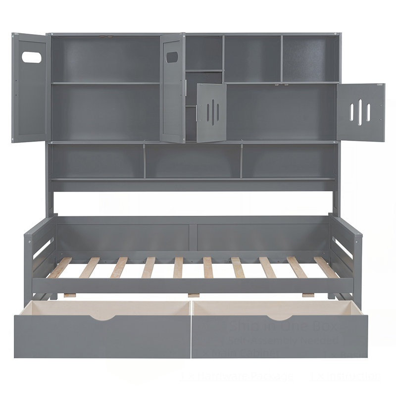Lit de jour en bois avec 2 tiroirs, armoire et tablette tout-en-un pour un rangement efficace et une conception moderne, Gris