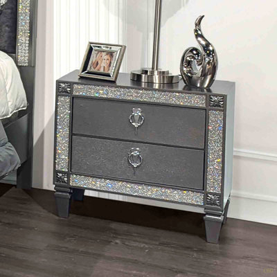 Glam Style 1Pc Nightstand Nickel Ring Pulls Tapered Legs Acrylic Trim Bedroom Furniture