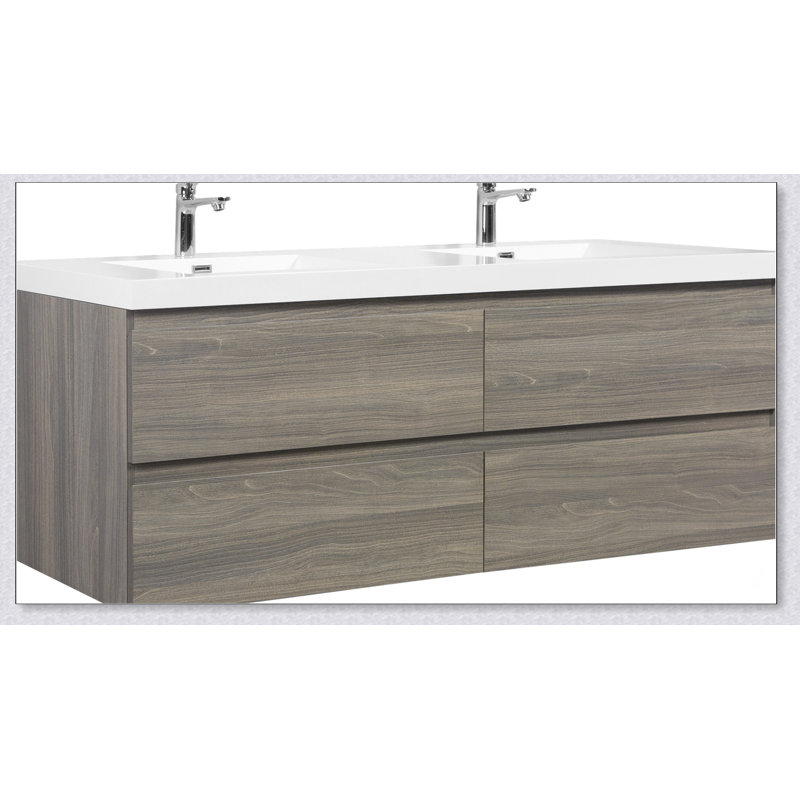 Meuble-lavabo flottant avec lavabo, meuble-lavabo mural moderne avec deux lavabos en quartz et quatre tiroirs à fermeture en douceur, 24V12-72GR