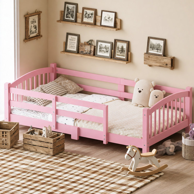 Twin Montessori Platform Bed with Slats and Safety Guardrails, Solid Wood Floor Bed with Fence and Without Door, Easy Assemble Montessori Bed, Pink