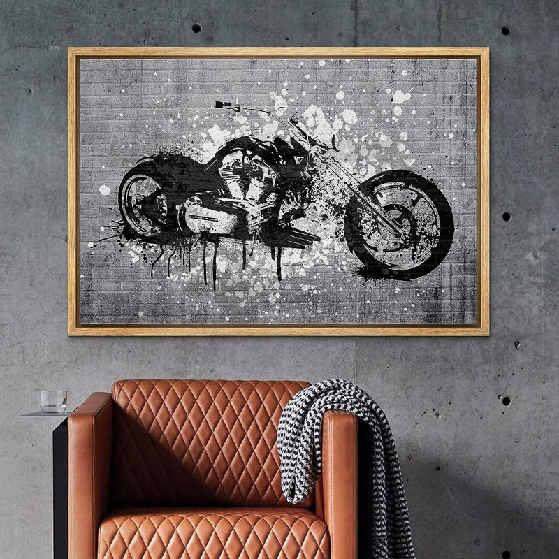 Pop Urban Street " Spray Paint Black And White Brick Wall Motorcycle ", 24" H x 36" W x 1.5" D, Natural Floater Framed