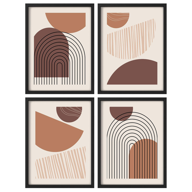"Arches pastel brunes et demi-cercles, formes abstraites, illustrations, décor moderne", 4 pièces, Or, H 20 po x l 16 po