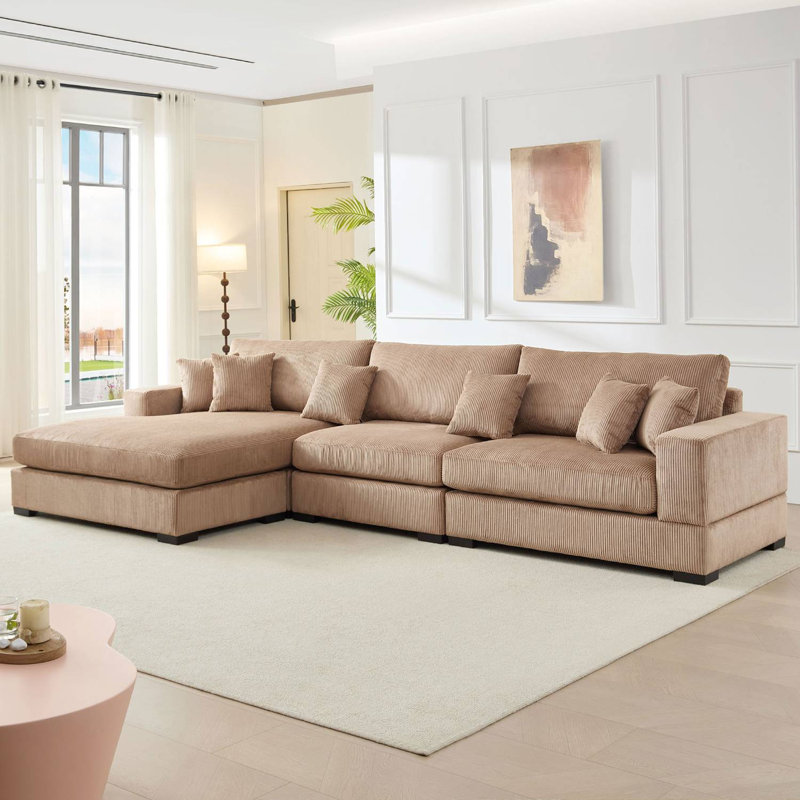 148" Upholstered Soft Sectional With Chaise, Brown Polyester