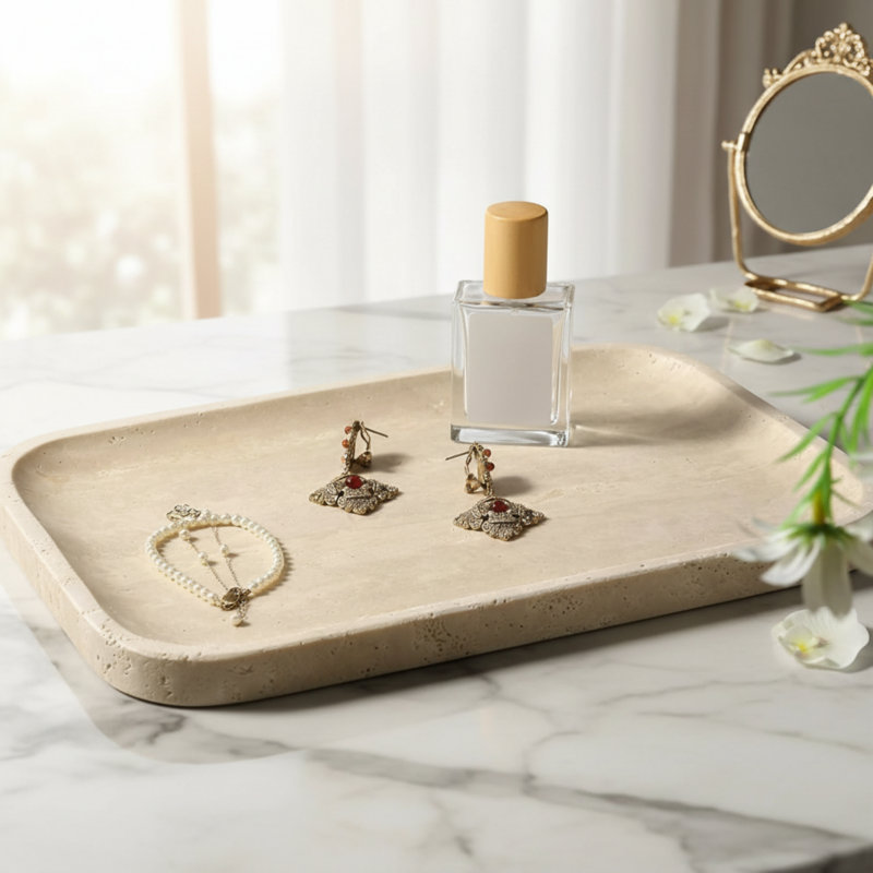 Beige Rectangular Travertine Tray For Dressing Table Storage, A Great Decorative Item For The Bathroom And Kitchen.