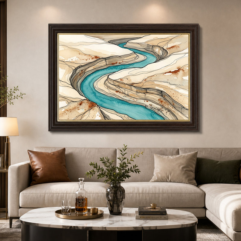Curving Teal River Through Tan Canyon Strata Layers Canvas Wall Art, 12"H x 18"W