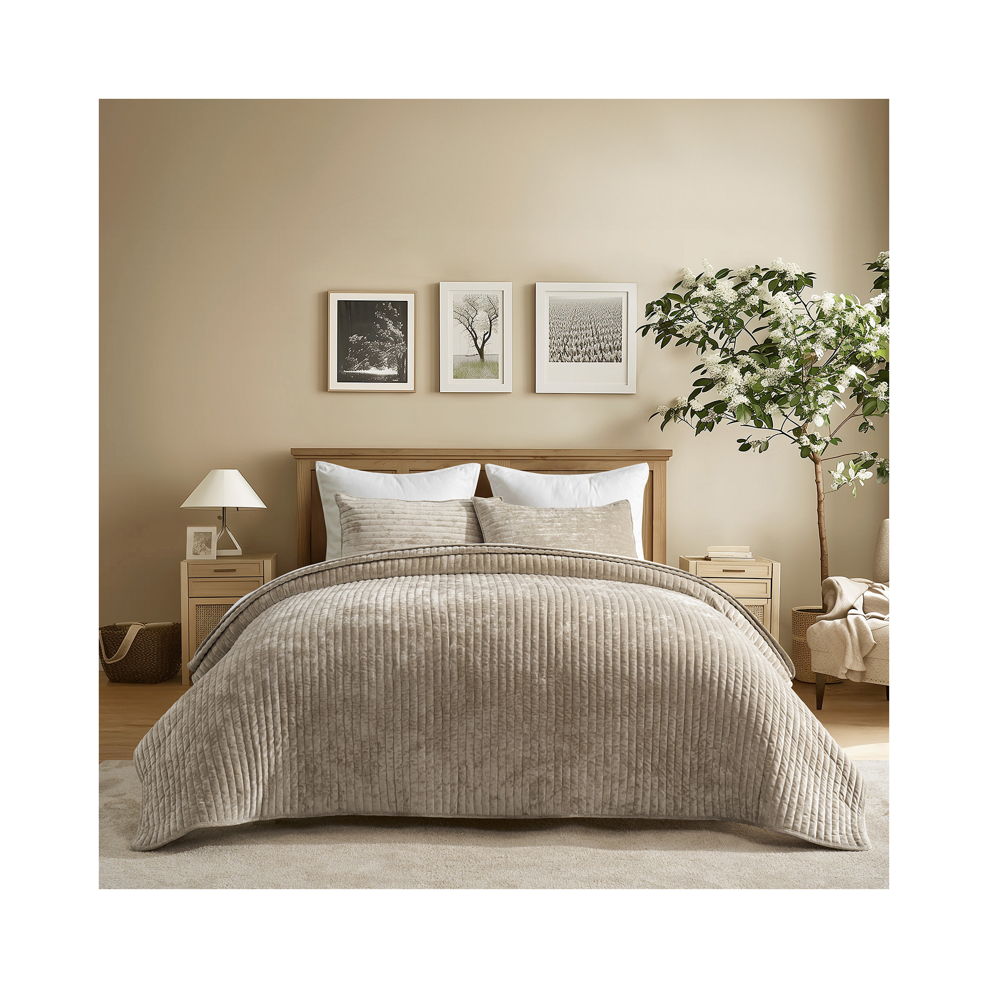 Luxe Velvet Channel Quilt Set, California King, Taupe