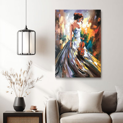 Abstrait «Femme avec violon en robe abstraite colorée (ton vibrant)», toile tendue pour violoniste, cadre tendu pour studio éclectique