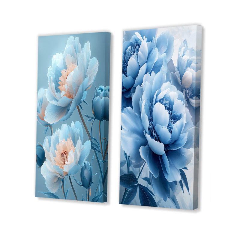 Fleurs de pivoines bleues I - Collection de 2 panneaux de toiles florales, H 28 po x l 25 po, Toile tendue