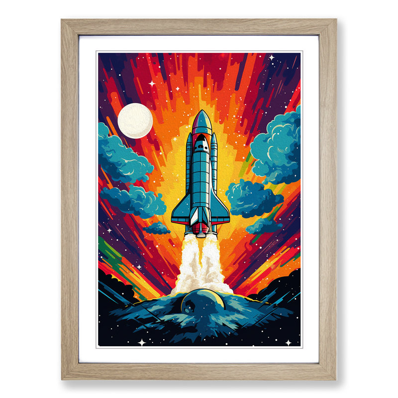 Spaceship Pop No.2 - Single Picture Frame Print on Wood, 64cm H x 46cm W, Oak Framed