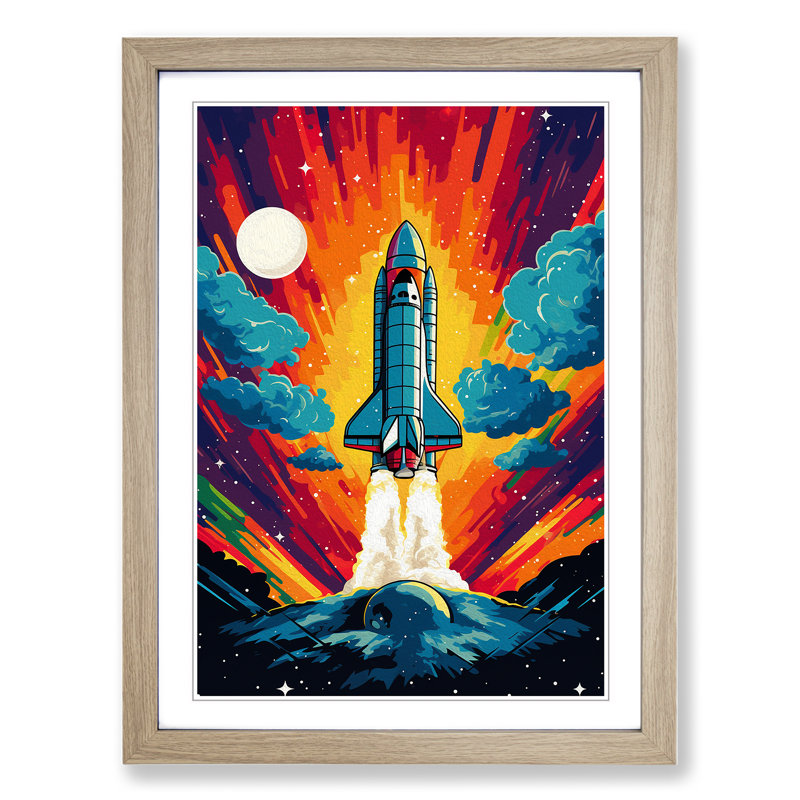 Spaceship Pop No.2 - Single Picture Frame Print on Wood, Oak Framed, 34cm H x 25cm W
