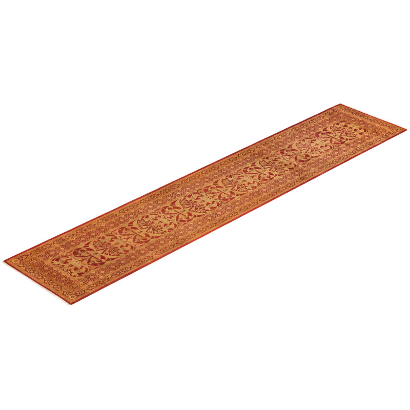 Hand-Knotted Burnt Orange Wool Floral Runner Rug