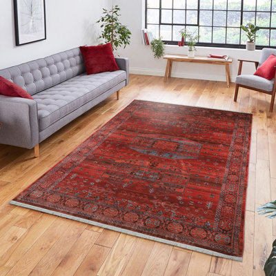 Tapis rouge / gris en polyester tissé à la machine Delatorre