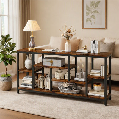 Industrial-style narrow side table with a grey wood-grain finish and black metal frame (70.87" L x 11.82" W x 35.83" H)