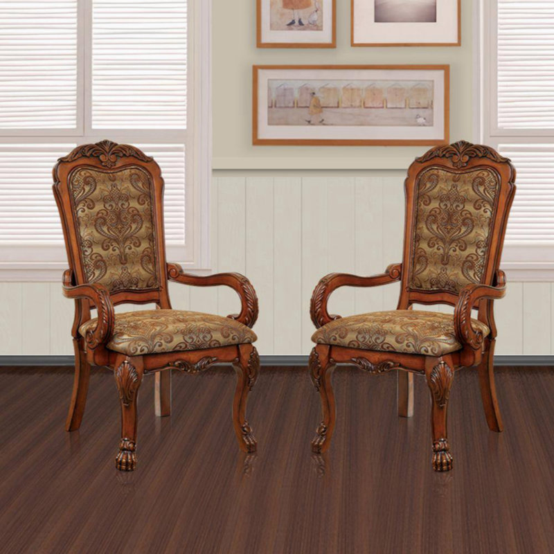 Solid Wood Upholstered Arm Chair, Brown Oak