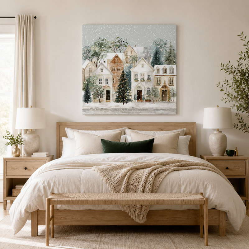 Art mural en toile avec maisons de village enneigées avec arbre de Noël, 40 po x 40 po
