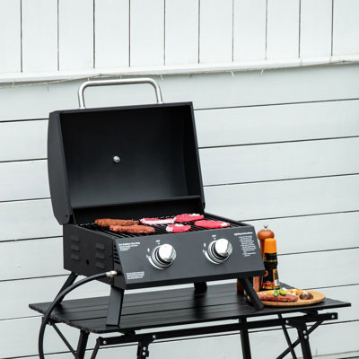 2 Burner Propane Bbq Grill , Portable And Compact. Foldable Legs, Smoke Lid, Thermometer. Black, Suited For Camping, Picnic, Backyard Tabletop Grill.