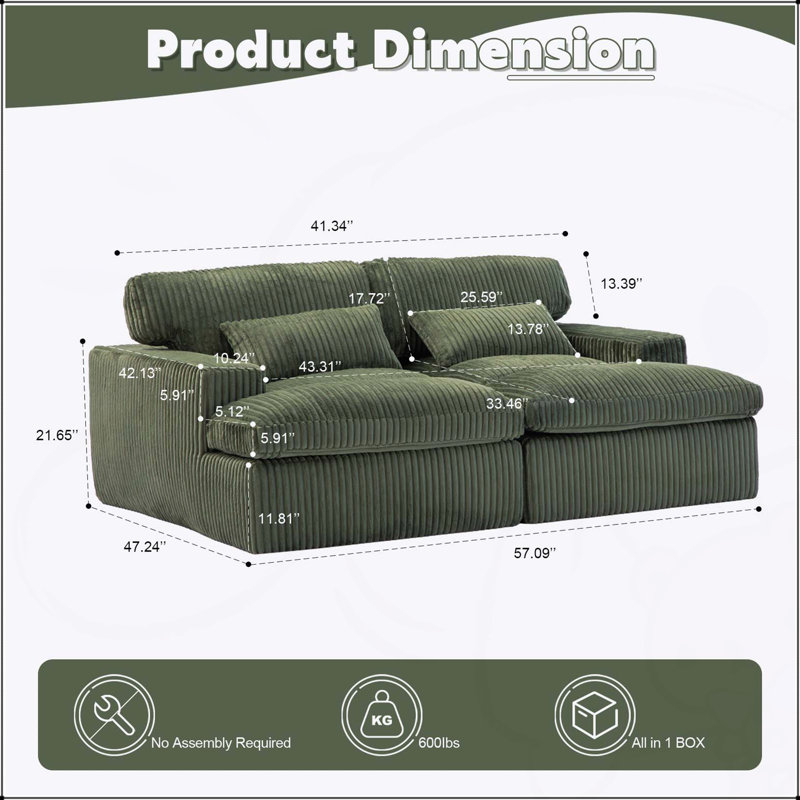 Divan-lit rembourré Boneless, canapé-lit pour le salon, 21.65" H x 57.09" W x 47.24" D, Vert
