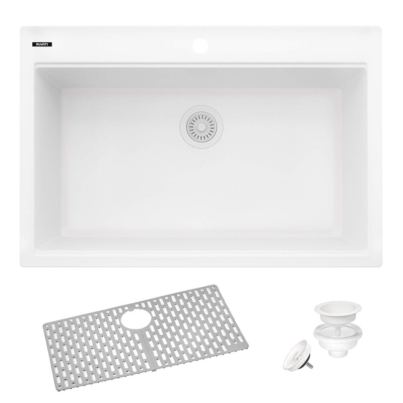 Ruvati 33 x 22 inch epiGranite Drop-in Topmount Granite Composite Quartz Single Bowl Kitchen Sink - Arctic White Matte -, 1
