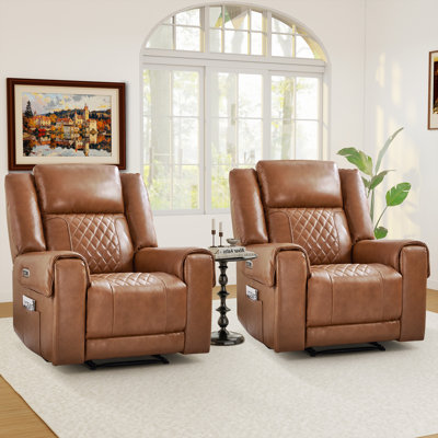 37.8" Wide Modern Top Genuine Leather Dual Motor Power Recliner With Adjustable Headrest And Cupholders (Set Of 2)