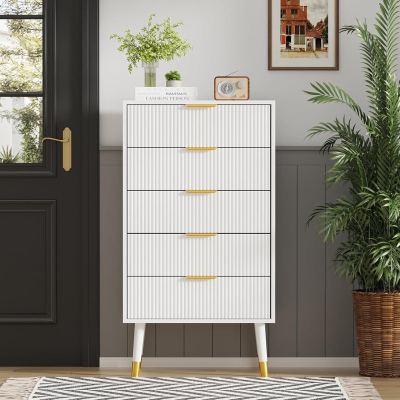 Commode 5 tiroirs pour chambre à coucher, table de chevet moderne à large plateau, commode à tiroirs profonds, commode en bois, table d'appoint pour le salon, le couloir, la chambre d'enfant