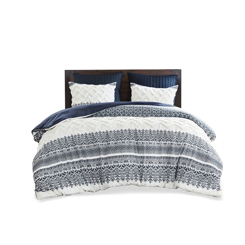 Housse de couette 3 pièces pour grand lit, coton avec chenille, imprimé mis à jour, revers uni, attaches de coin pour housse pour grand lit, capitonnage en chenille, blanc, literie, fermeture à boutons