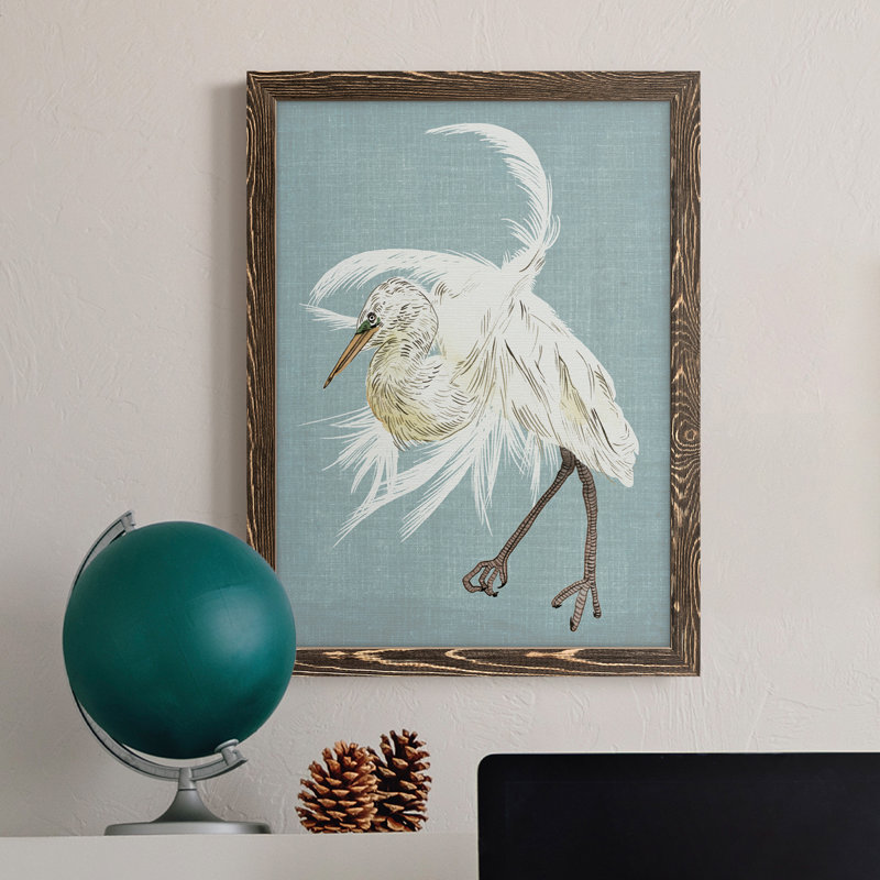 Heron Plumage IV - Peinture sur toile encadrée, Cadre noyer, H 31 po x l 44 po x P 1 po