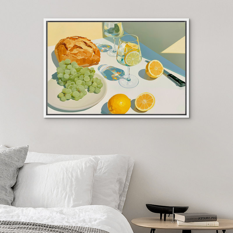 "Modern Modern Still Life Bread Fruit Wine Table Art", reproduction d'art encadrée sur toile, H 16 po x l 24 po, Blanc