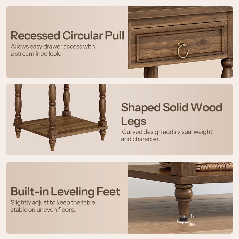 23.8" Tall End Table with Storage, Solid Wood Legs Side Table with Drawer