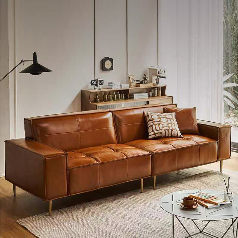 Canapé modulaire brun en cuir véritable, 31.5" H x 94.49" W x 35.43" D