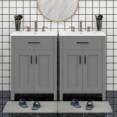 48" Bathroom Vanity Set With Double Ceramic Sink, Free Standing Single Basin Vanity Set With 2 Soft-Close Doors And Drawer