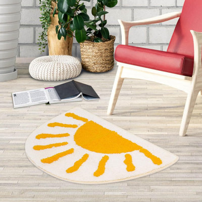 Half Circle Boho Bath Mat - Sun Fun White Yellow | Non-Slip Microfiber | Soft, Absorbent & Machine Washable | Semi Round for Bedroom/Toilet/Door