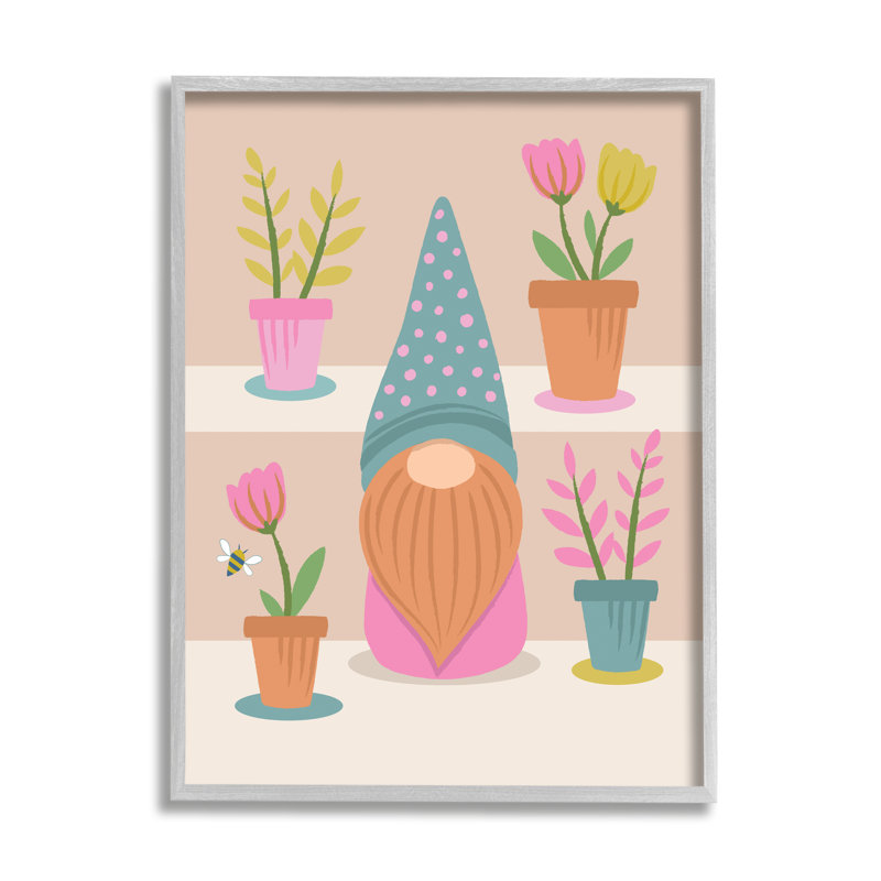 Gnome de jardin à motif de pots de fleurs d'abeille à miel Lisa Perry White, L 11 po x H 14 po, Estampe numérique Farmhouse
